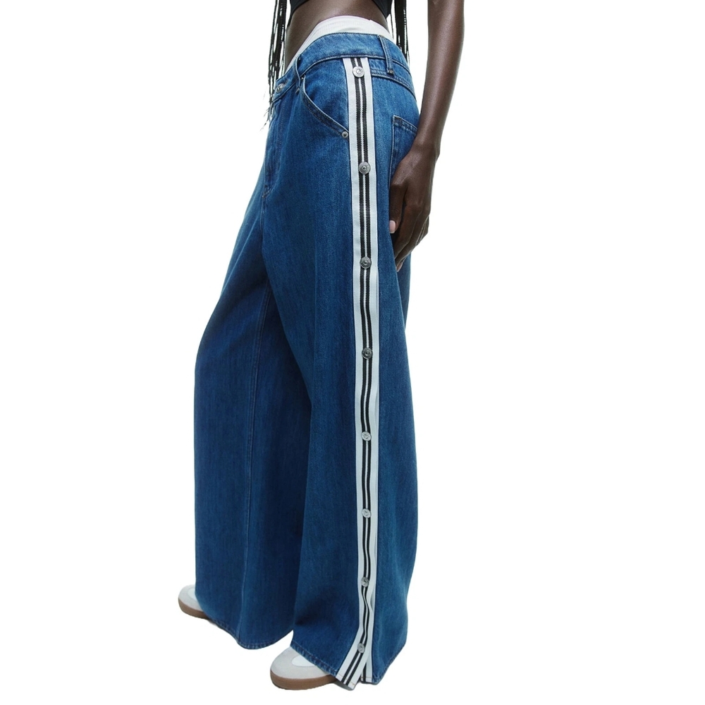 H&M baggy regular denim pants white side stripes snap fastener  blue sz 12 nwt